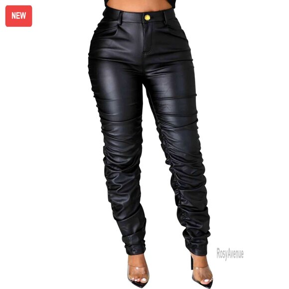 Stretchy Faux Leather Leggings High Waist Stacked Design Women's Pants